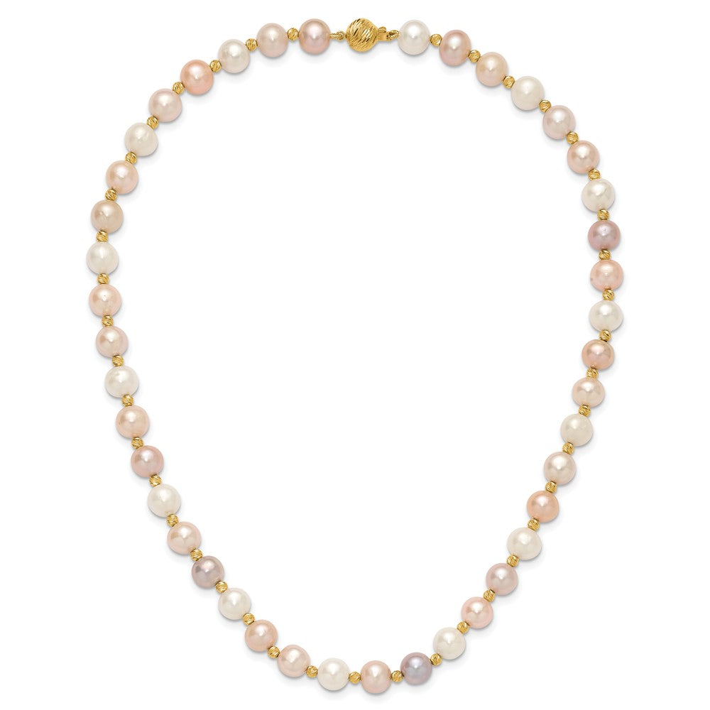 14k 8-9mm Pink, Purple and White Semi-Round Freshwater Cultured Pearl and Diamond-cut Beaded 18 inch Necklace