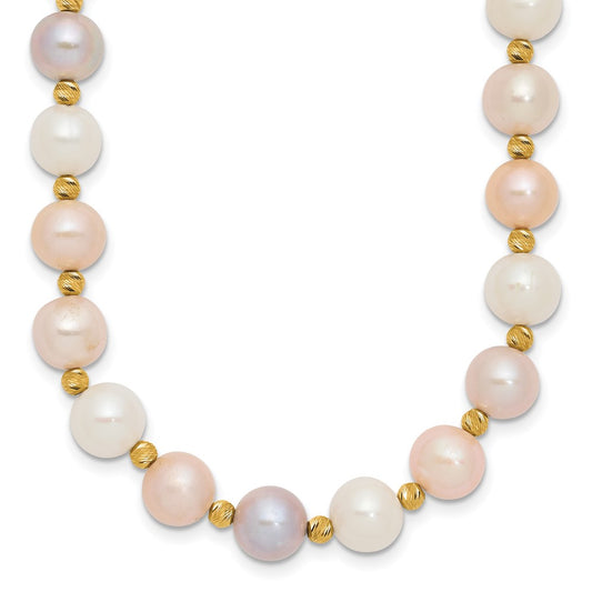 14k 8-9mm Pink, Purple and White Semi-Round Freshwater Cultured Pearl and Diamond-cut Beaded 18 inch Necklace
