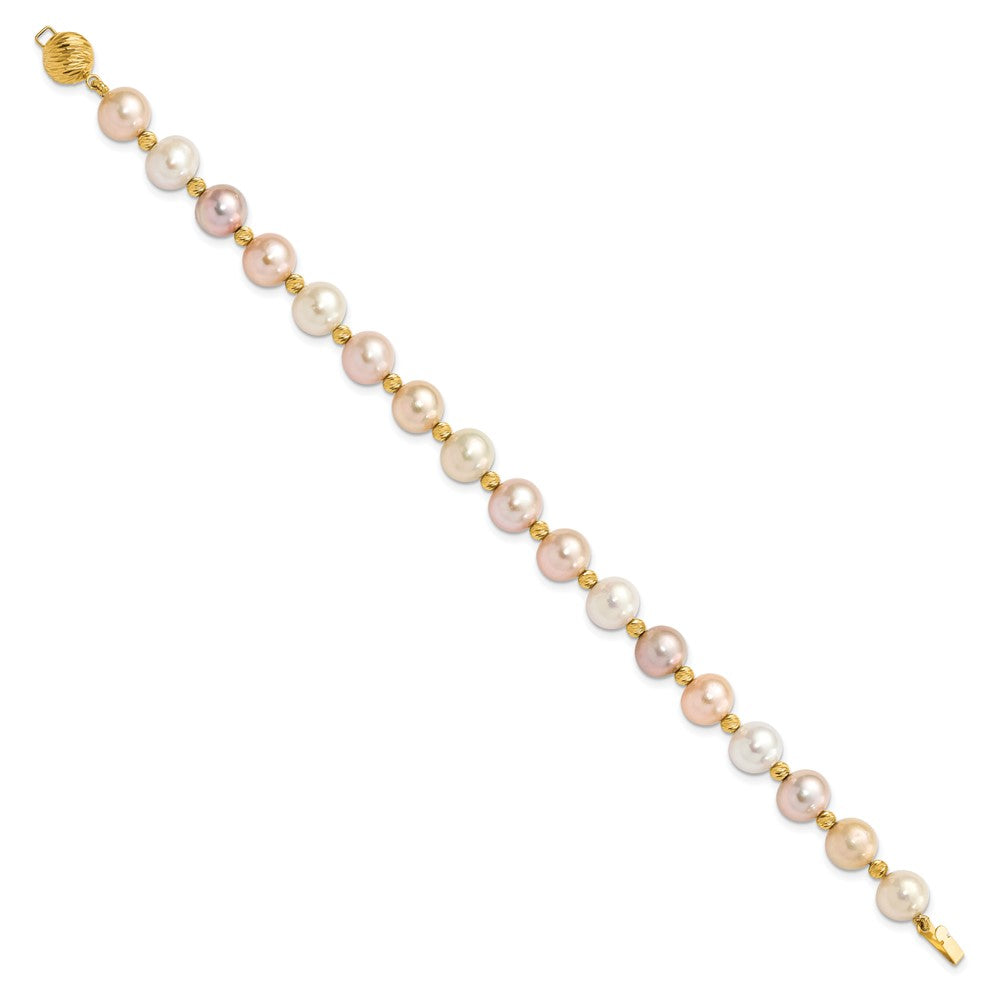 14k 8-9mm Pink, Purple and White Semi-Round Freshwater Cultured Pearl and Diamond-cut Beaded 7.5 inch Bracelet