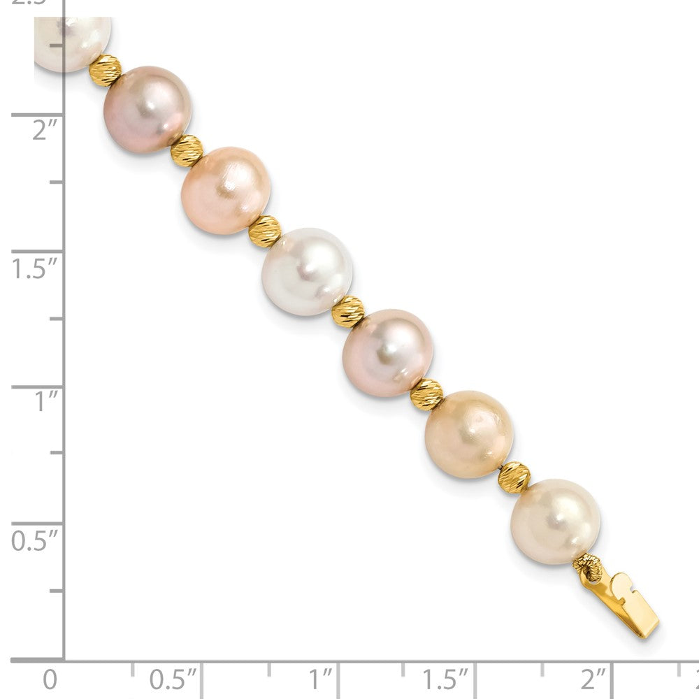 14k 8-9mm Pink, Purple and White Semi-Round Freshwater Cultured Pearl and Diamond-cut Beaded 7.5 inch Bracelet