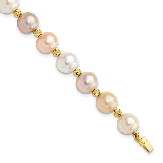 14k 8-9mm Pink, Purple and White Semi-Round Freshwater Cultured Pearl and Diamond-cut Beaded 7.5 inch Bracelet