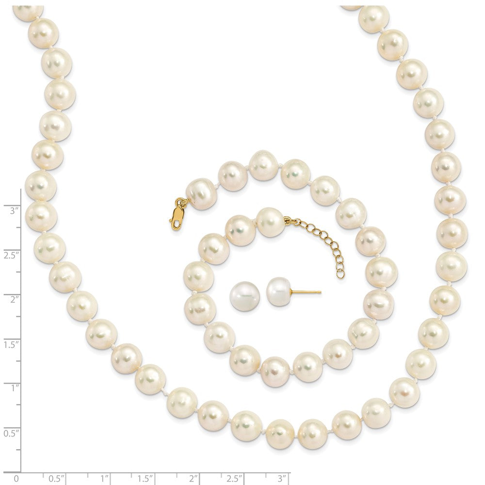 14k 8-9mm White Near-Round Freshwater Cultured Pearl 18 inch Necklace with 2 inch Extension, 7.5 inch Bracelet with 1 inch Extension and Post Earrings Set