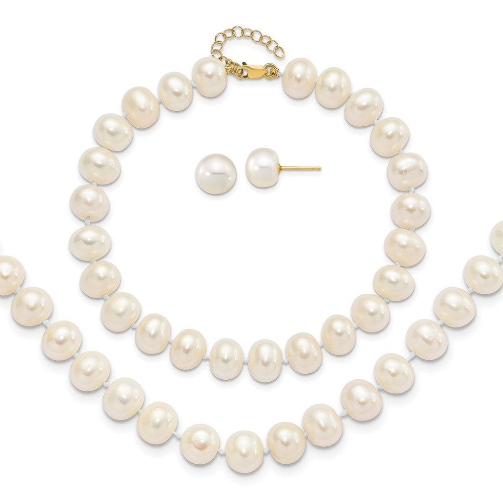 14k 8-9mm White Near-Round Freshwater Cultured Pearl 18 inch Necklace with 2 inch Extension, 7.5 inch Bracelet with 1 inch Extension and Post Earrings Set