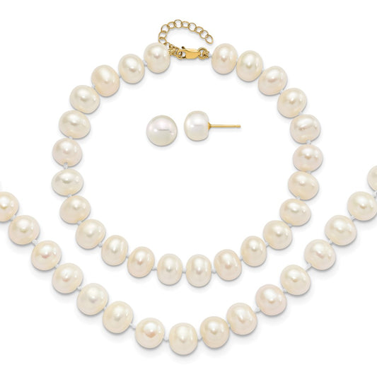 14k 8-9mm White Near-Round Freshwater Cultured Pearl 18 inch Necklace with 2 inch Extension, 7.5 inch Bracelet with 1 inch Extension and Post Earrings Set