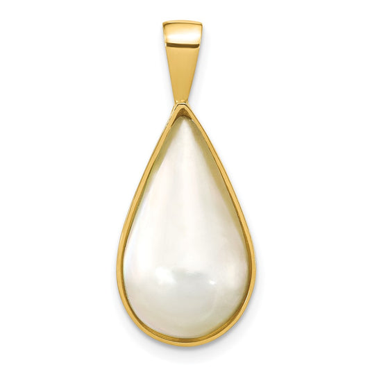 14K Yellow Gold 10x18mm White Teardrop Saltwater Mabe Pearl Pendant