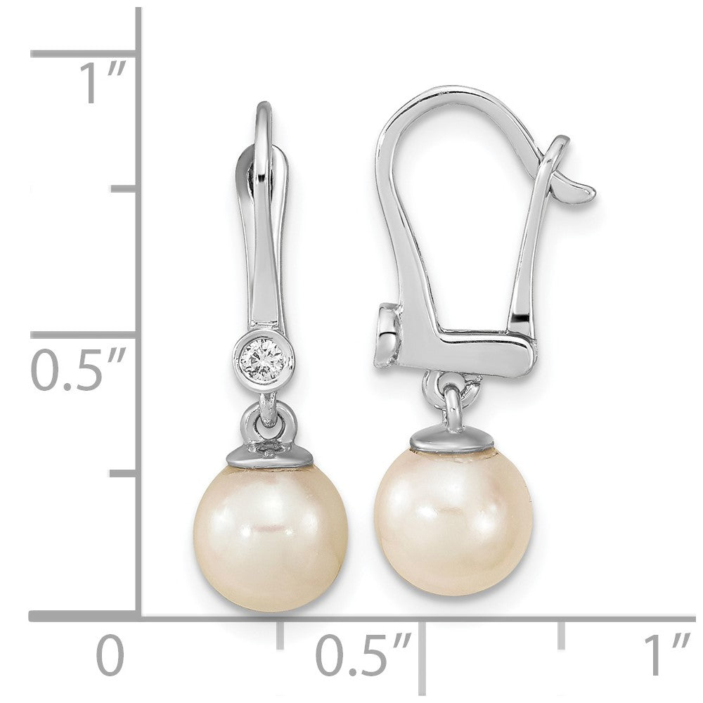 14k White Gold 7-8mm White Round Akoya Saltwater Cultured Pearl and .05 Carat Diamond Dangle Earrings