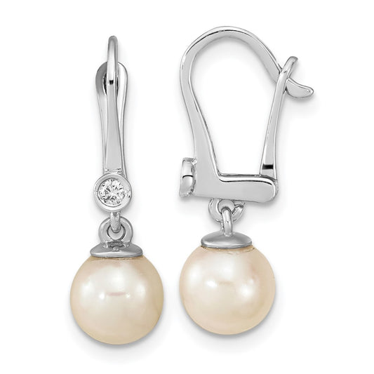 14k White Gold 7-8mm White Round Akoya Saltwater Cultured Pearl and .05 Carat Diamond Dangle Earrings