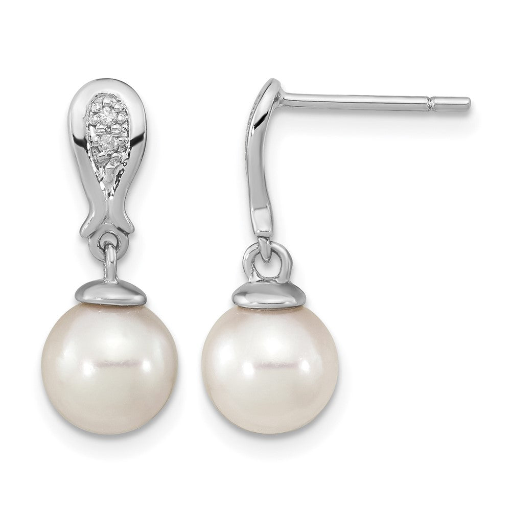 14k White Gold 7-8mm White Round Akoya Saltwater Cultured Pearl and .03 Carat Diamond Post Dangle Earrings