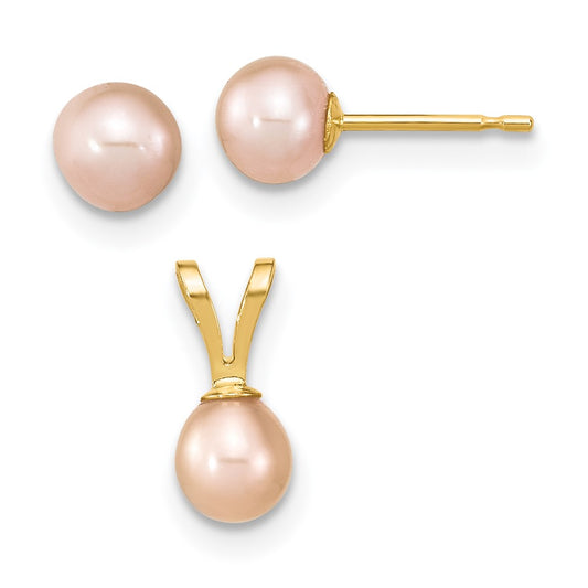 14K Yellow Gold Madi K 4-5mm Rd Pink FWC Pearl Earring and Pendant Set