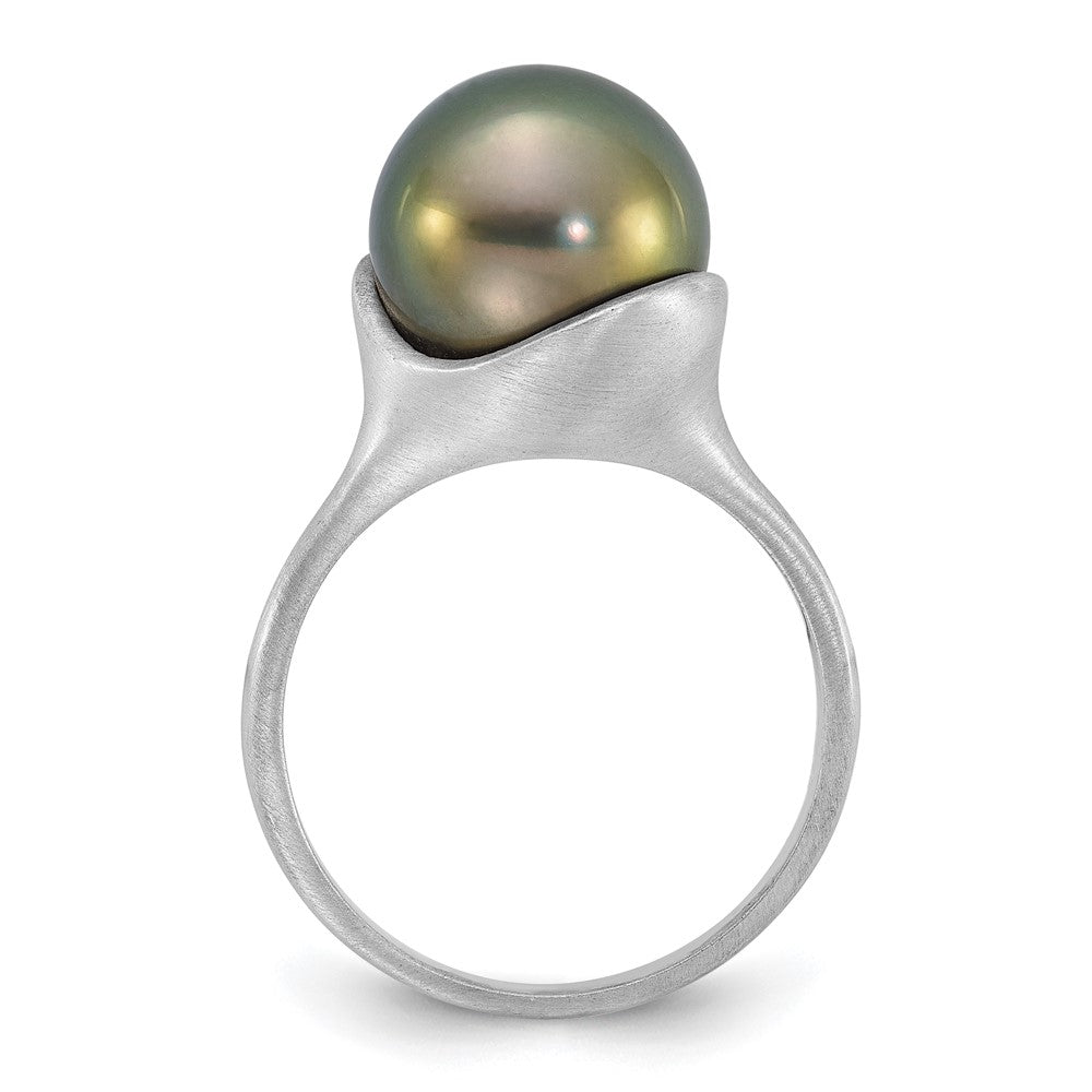 14k White Gold Brushed 10-11mm Round Black Tahitian Saltwater Cultured Pearl Ring