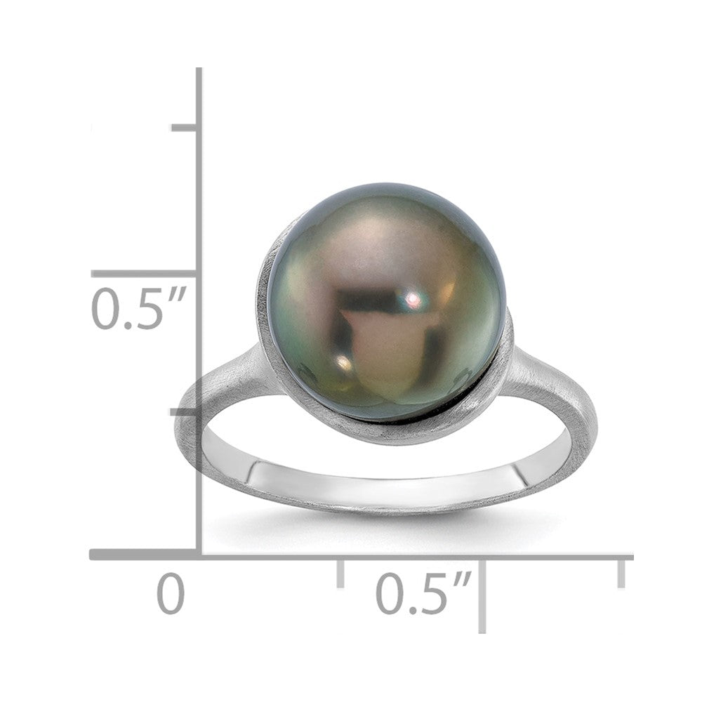 14k White Gold Brushed 10-11mm Round Black Tahitian Saltwater Cultured Pearl Ring