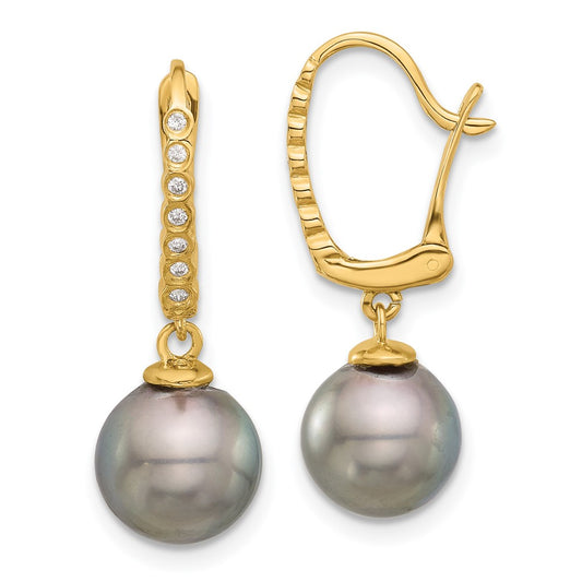 14k 8-9mm Black Round Tahitian Saltwater Cultured Pearl and .07 Carat Diamond Leverback Dangle Earrings