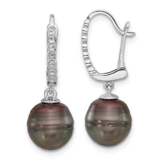 14k White Gold 9-10mm Black Round Tahitian Saltwater Cultured Pearl and .07 Carat Diamond Leverback Dangle Earrings
