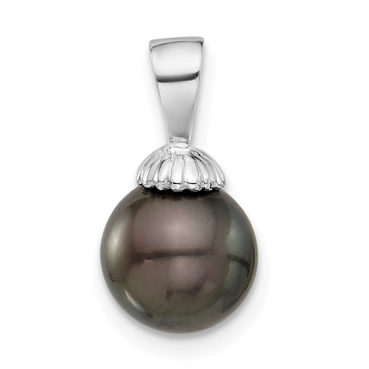 14K White Gold 8-9mm Round Black Tahitian Pearl Pendant