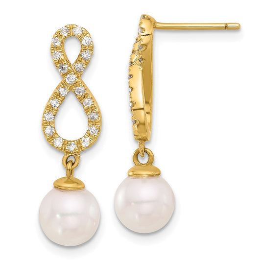14k 7-8mm White Round Akoya Saltwater Cultured Pearl and .40 Carat Diamond Infinity Post Dangle Earrings