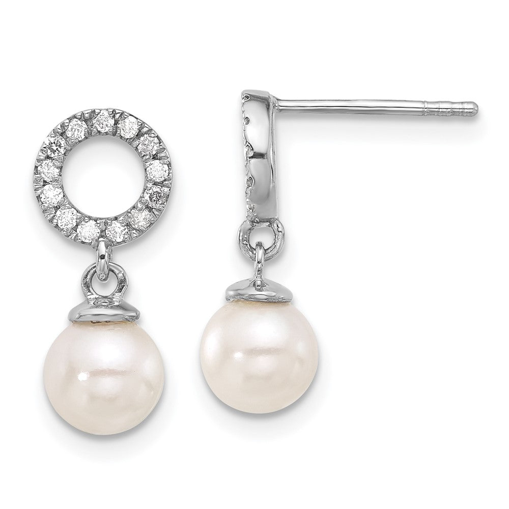 14k White Gold 6-7mm Rnd White Akoya Pearl and .20ct Dia Dangle Earrings