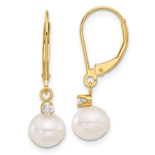 14k 7-8mm White Round Freshwater Cultured Pearl and .10 Carat Diamond Dangle Leverback Earrings