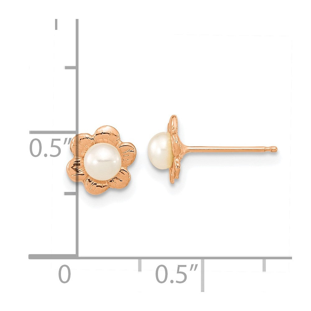 14k Rose Gold 3-4mm White Button Freshwater Cultured Pearl Flower Post Earrings
