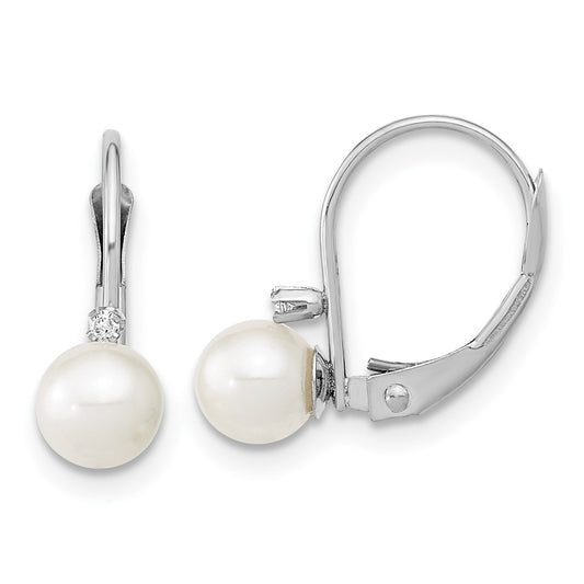 14k White Gold 5-6mm White Round Freshwater Cultured Pearl and .02 Carat Diamond Leverback Earrings