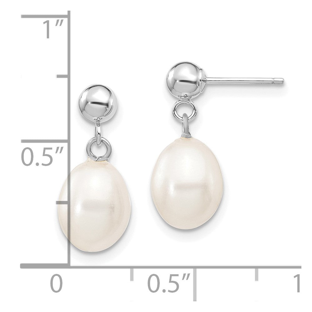 14k White Gold 7-8mm White Rice Freshwater Cultured Pearl Post Dangle Earrings