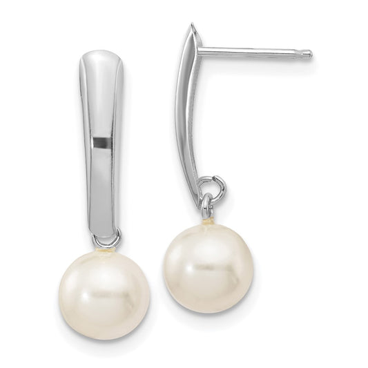 14k White Gold 6-7mm White Round Freshwater Cultured Pearl Post Dangle Earrings