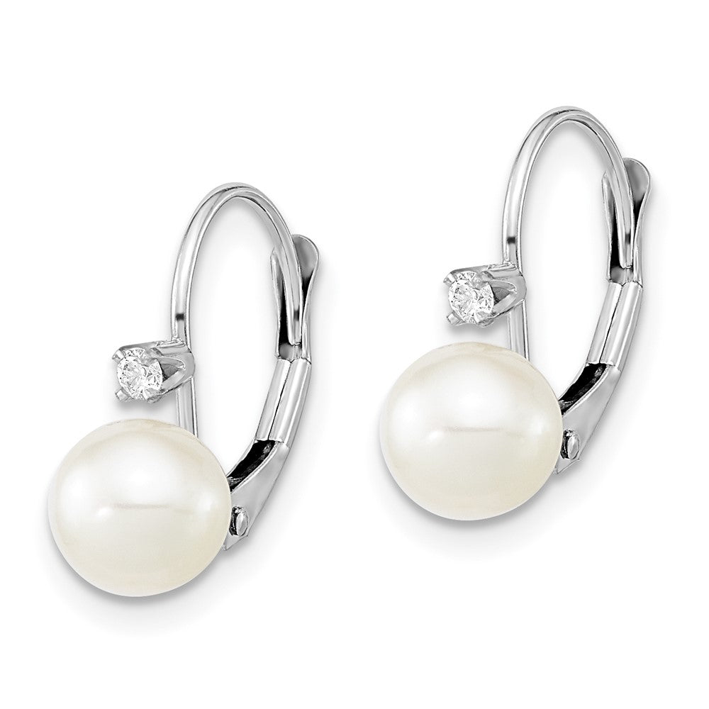 14k White Gold 6-7mm White Round Freshwater Cultured Pearl and .06 Carat Diamond Leverback Earrings