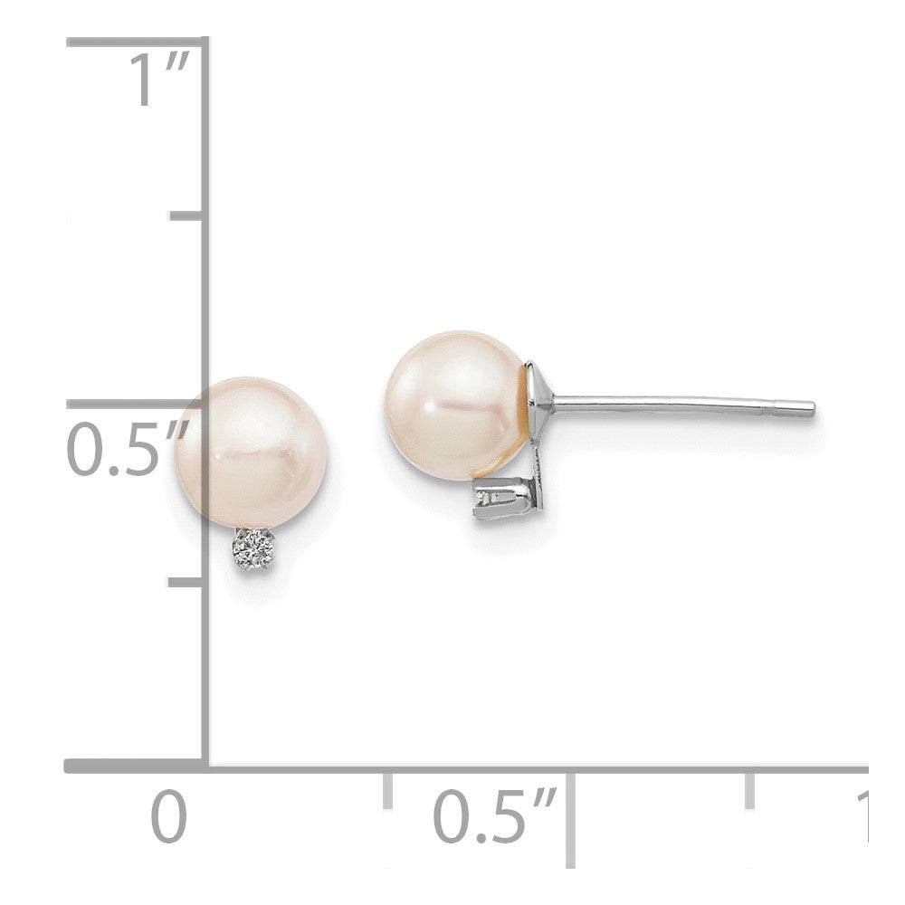 14k White Gold 5-6mm White Round Akoya Saltwater Akoya and .02 Carat Diamond Earrings