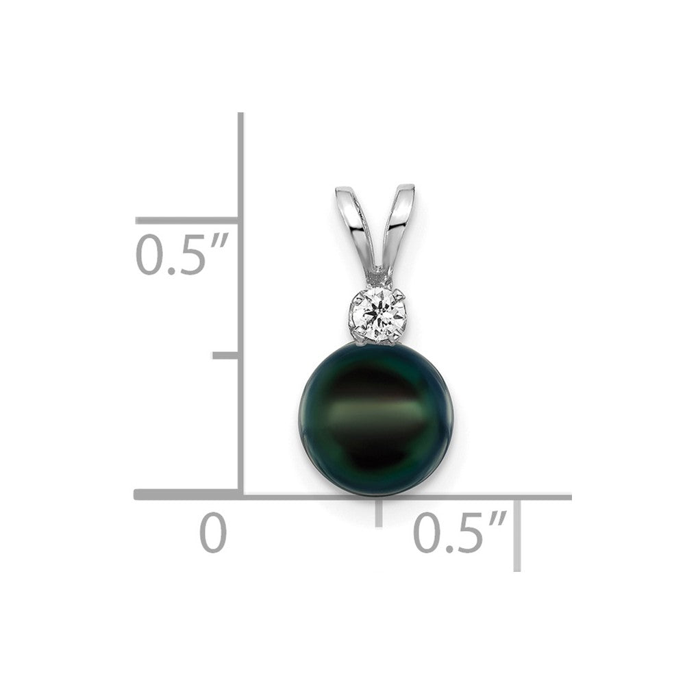 14k White Gold 7-8mm Black Round Akoya Saltwater Cultured Pearl and 1/20 Carat Diamond Pendant