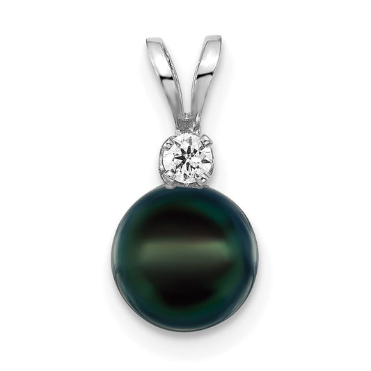 14k White Gold 7-8mm Black Round Akoya Saltwater Cultured Pearl and 1/20 Carat Diamond Pendant