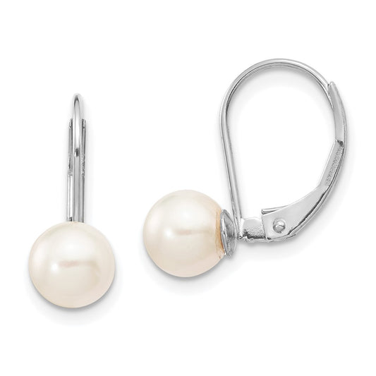 14k White Gold 6-7mm White Round Akoya Saltwater Cultured Pearl Leverback Earrings