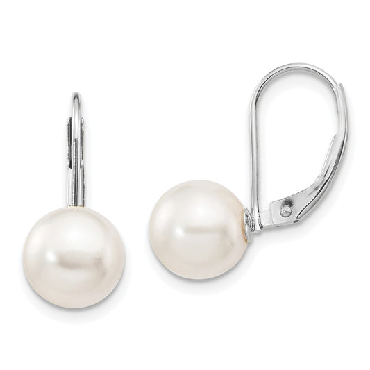 14k White Gold 8-9mm White Round Akoya Saltwater Cultured Pearl Leverback Earrings