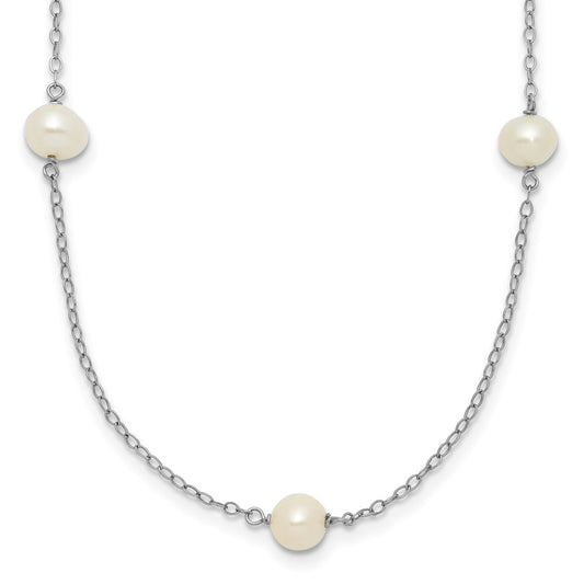 14k White Gold 5-6mm White Round Freshwater Cultured Pearl 7-Station 16 inch Necklace