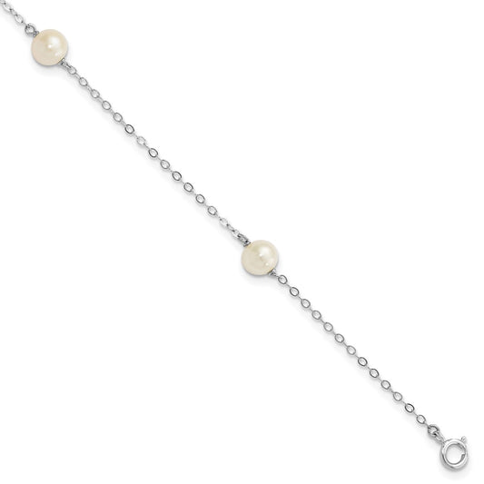 14k White Gold 5-6mm White Round Freshwater Cultured Pearl 3-Station 7.25 inch Bracelet