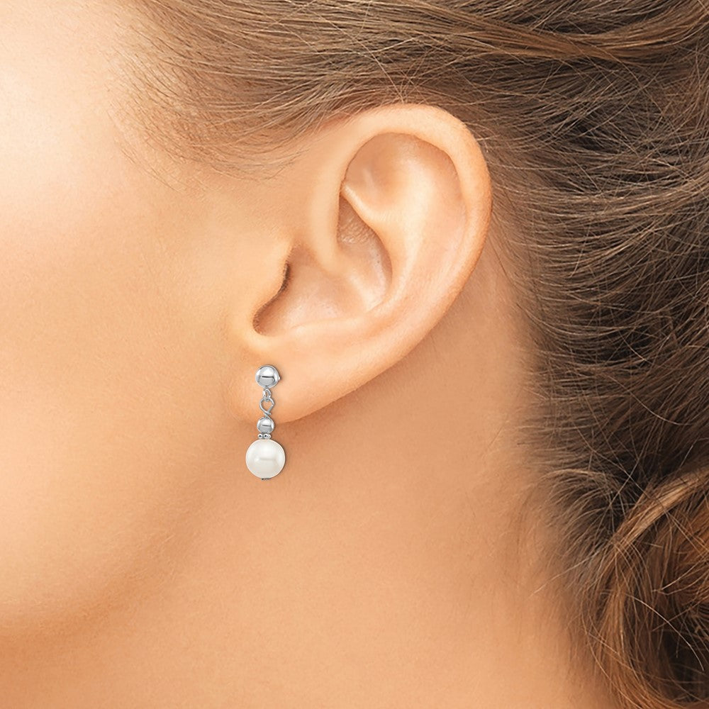 14k White Gold 7-8mm White Semi-round Freshwater Cultured Pearl Post Dangle Earrings