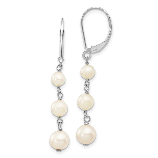 14k White Gold 4-6mm White Semi-Round Freshwater Cultured Pearl Dangle Leverback Earrings