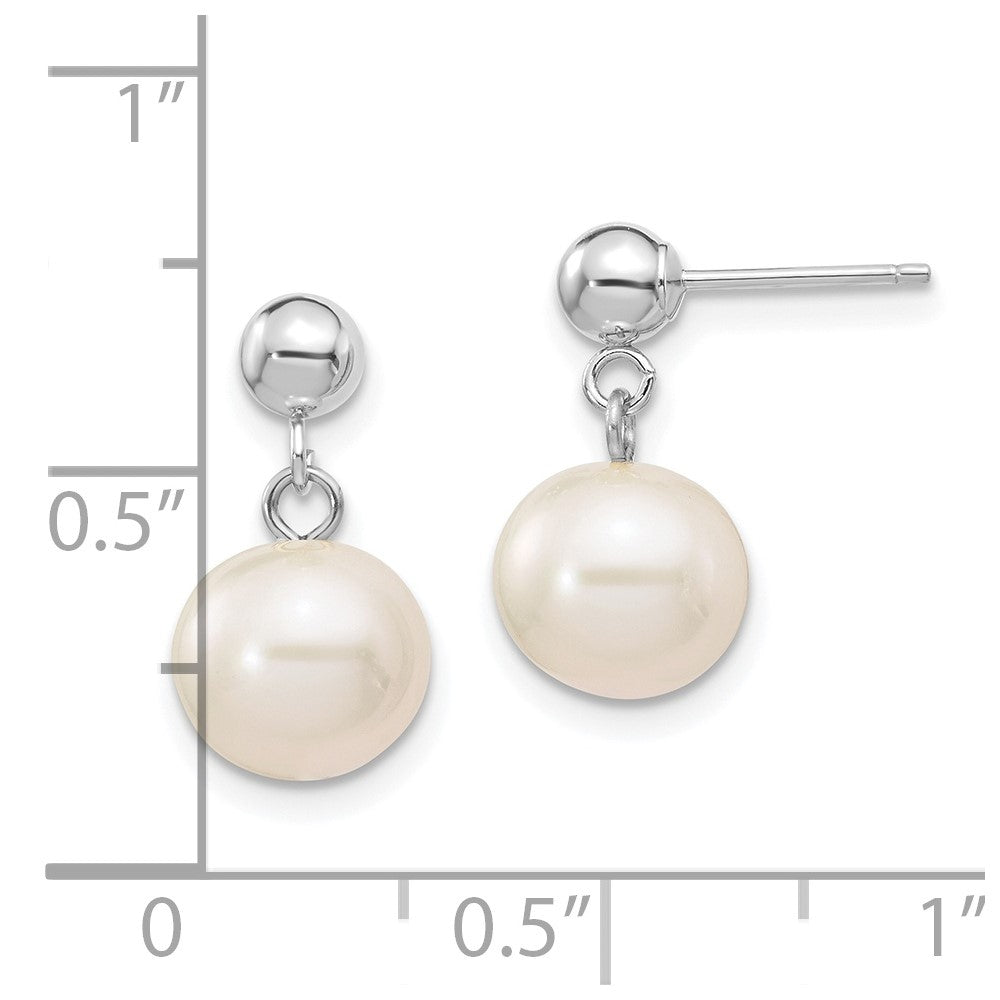 14k White Gold 8-8.5mm White Round Freshwater Cultured Pearl Post Dangle Earrings