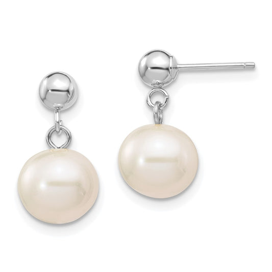 14k White Gold 8-8.5mm White Round Freshwater Cultured Pearl Post Dangle Earrings