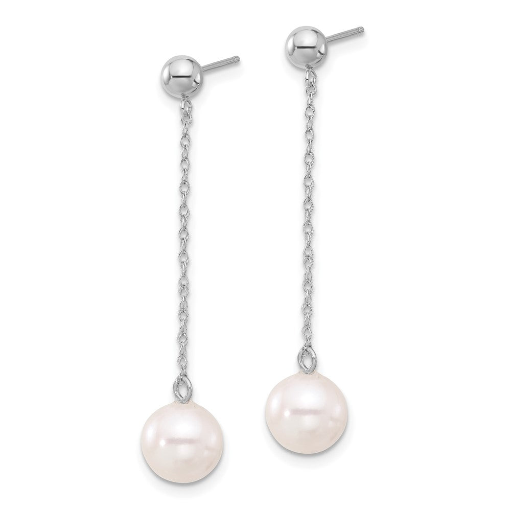 14k White Gold 7-8mm White Round Freshwater Cultured Pearl Dangle Post Earrings