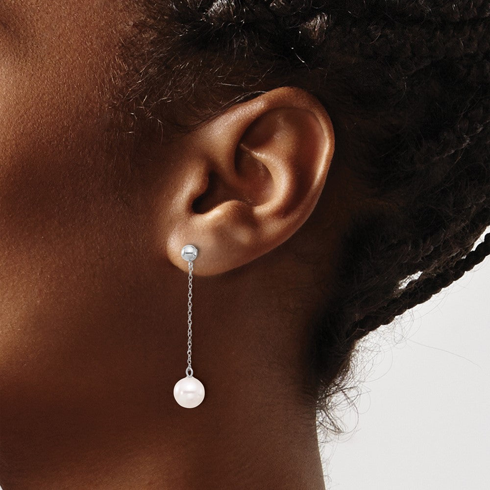 14k White Gold 7-8mm White Round Freshwater Cultured Pearl Dangle Post Earrings