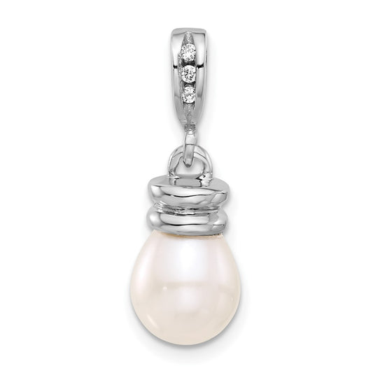 14K White Gold 8-9mm Teardrop White FWC Pearl and .06ct Dia Pendant
