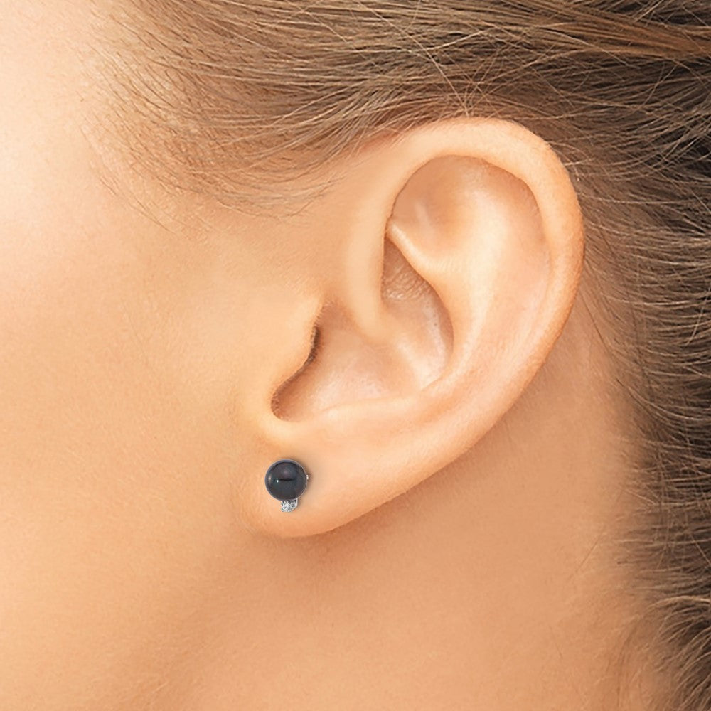 14k White Gold 5-6mm Black Round Akoya Saltwater Cultured Pearl and .02 Carat Diamond Post Earrings