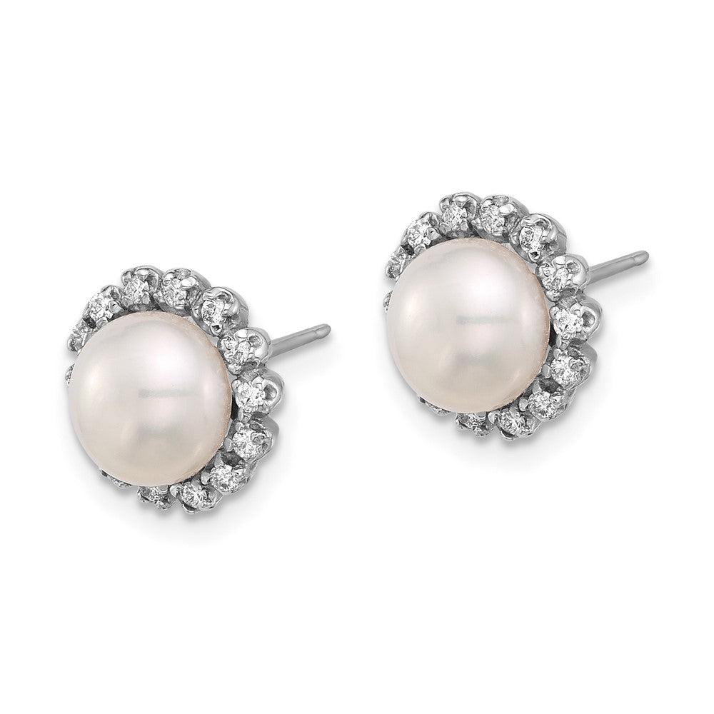14k White Gold 7-8mm White Button Freshwater Cultured Pearl and .28 Carat Diamond Post Earrings