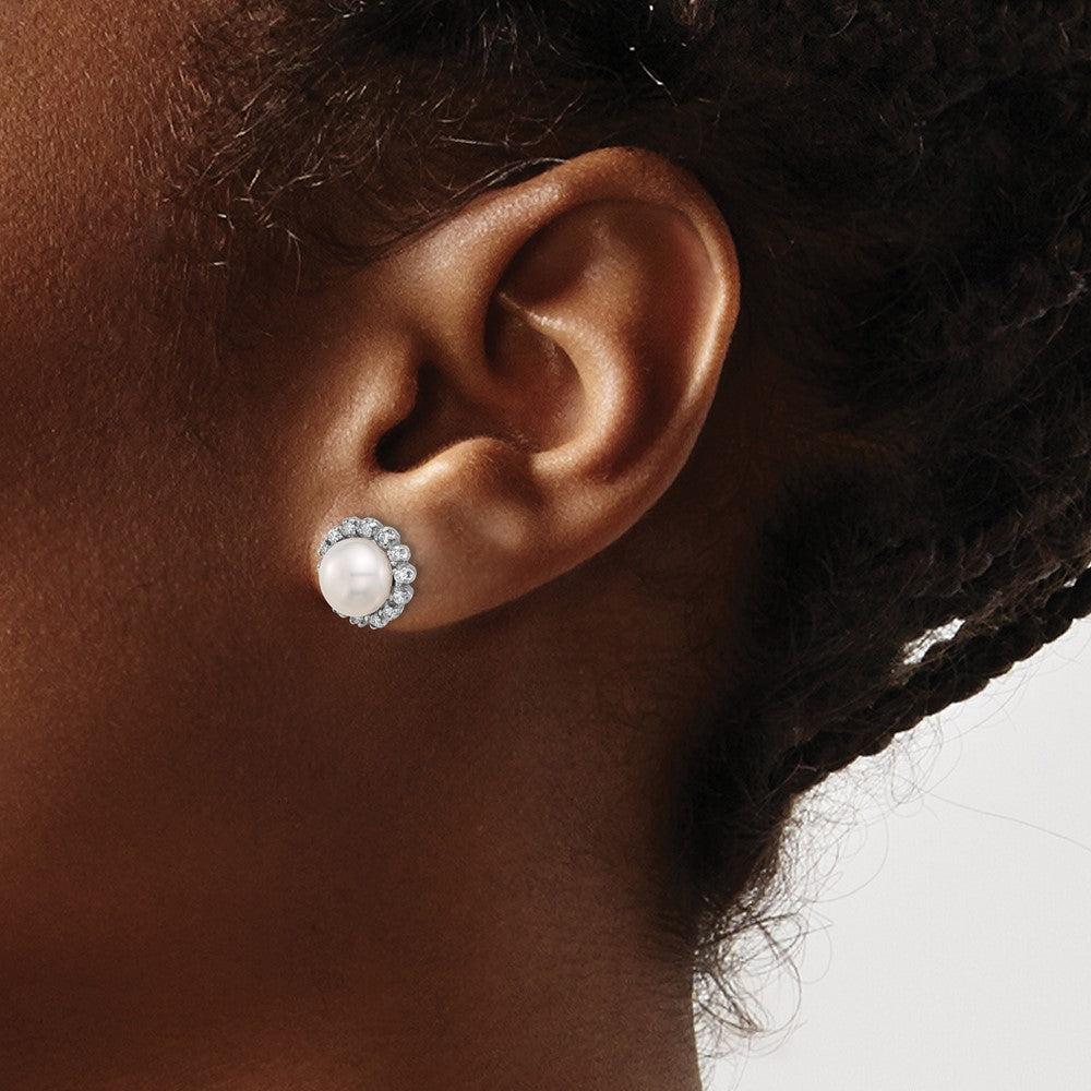 14k White Gold 7-8mm White Button Freshwater Cultured Pearl and .28 Carat Diamond Post Earrings