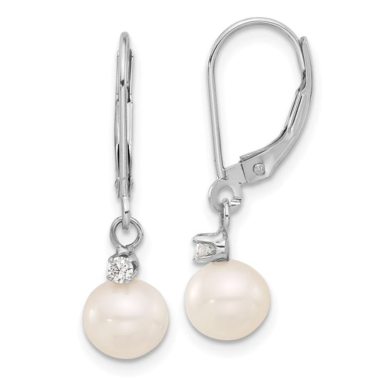 14k White Gold 7-8mm White Round Freshwater Cultured Pearl and .10 Carat Diamond Dangle Leverback Earrings