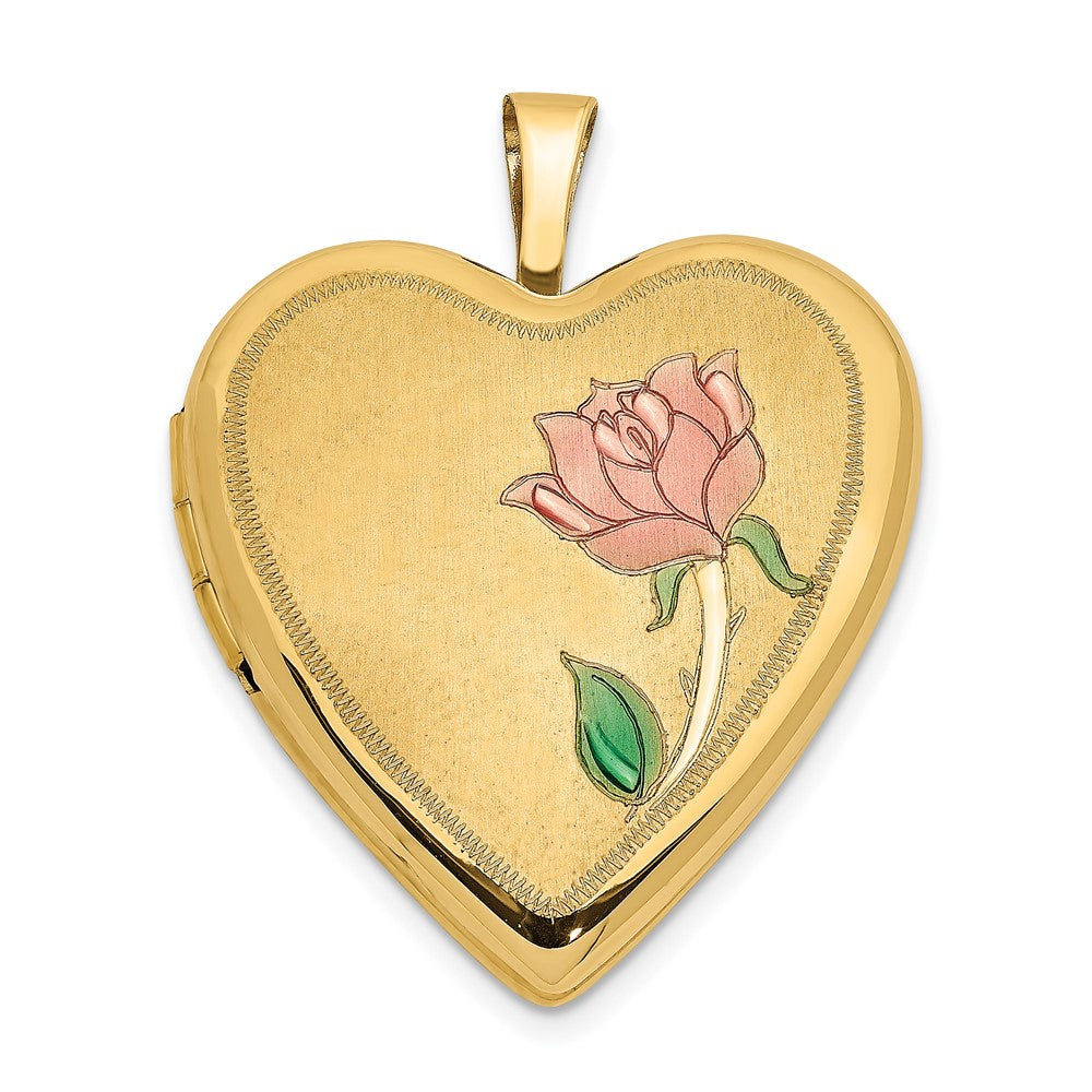 14K Yellow Gold 20mm Enamel Rose Heart Locket