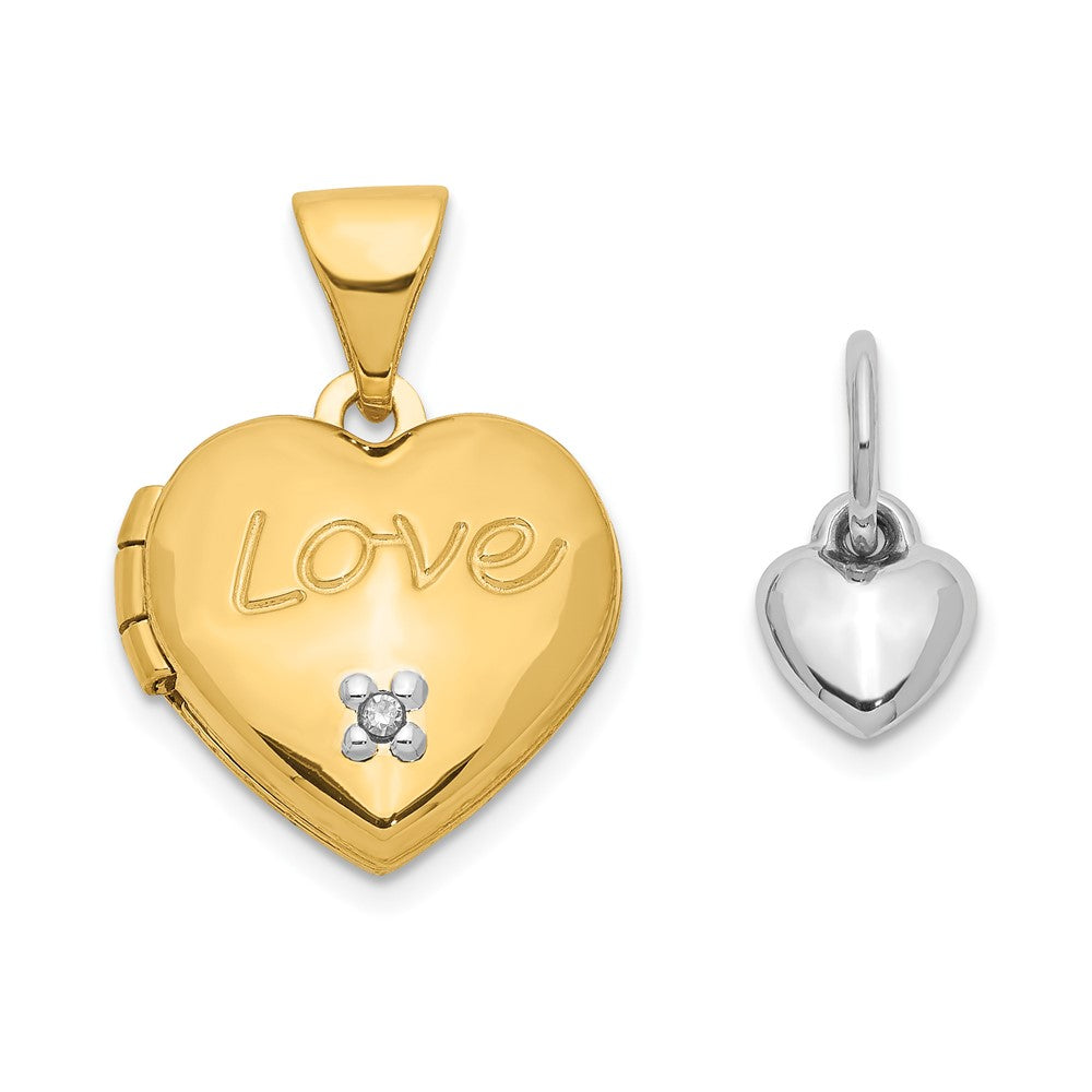 14k Yellow Gold Two-toned 12mm Diamond LOVE w/Heart Charm Heart Locket