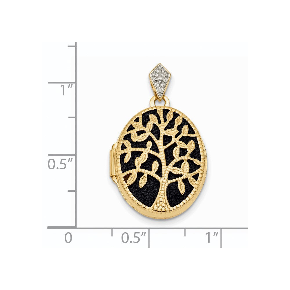 14k Yellow Gold Polished & Textured Diamond Tree w/ Black Fabric Oval Locket