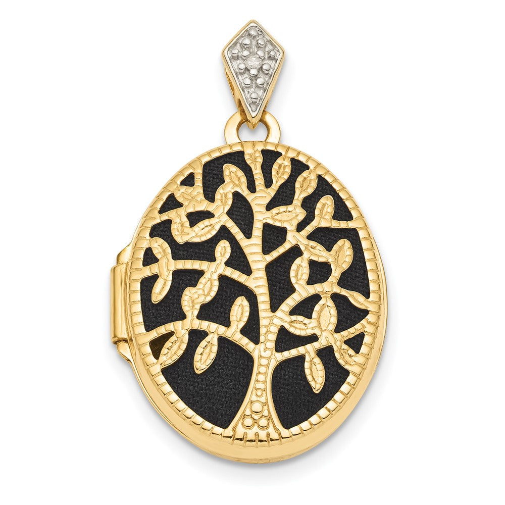 14k Yellow Gold Polished & Textured Diamond Tree w/ Black Fabric Oval Locket