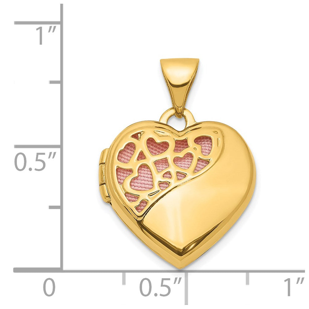 14K Yellow Gold Hearts Cut Out 16mm w/Pink Fabric Heart Locket Pendant