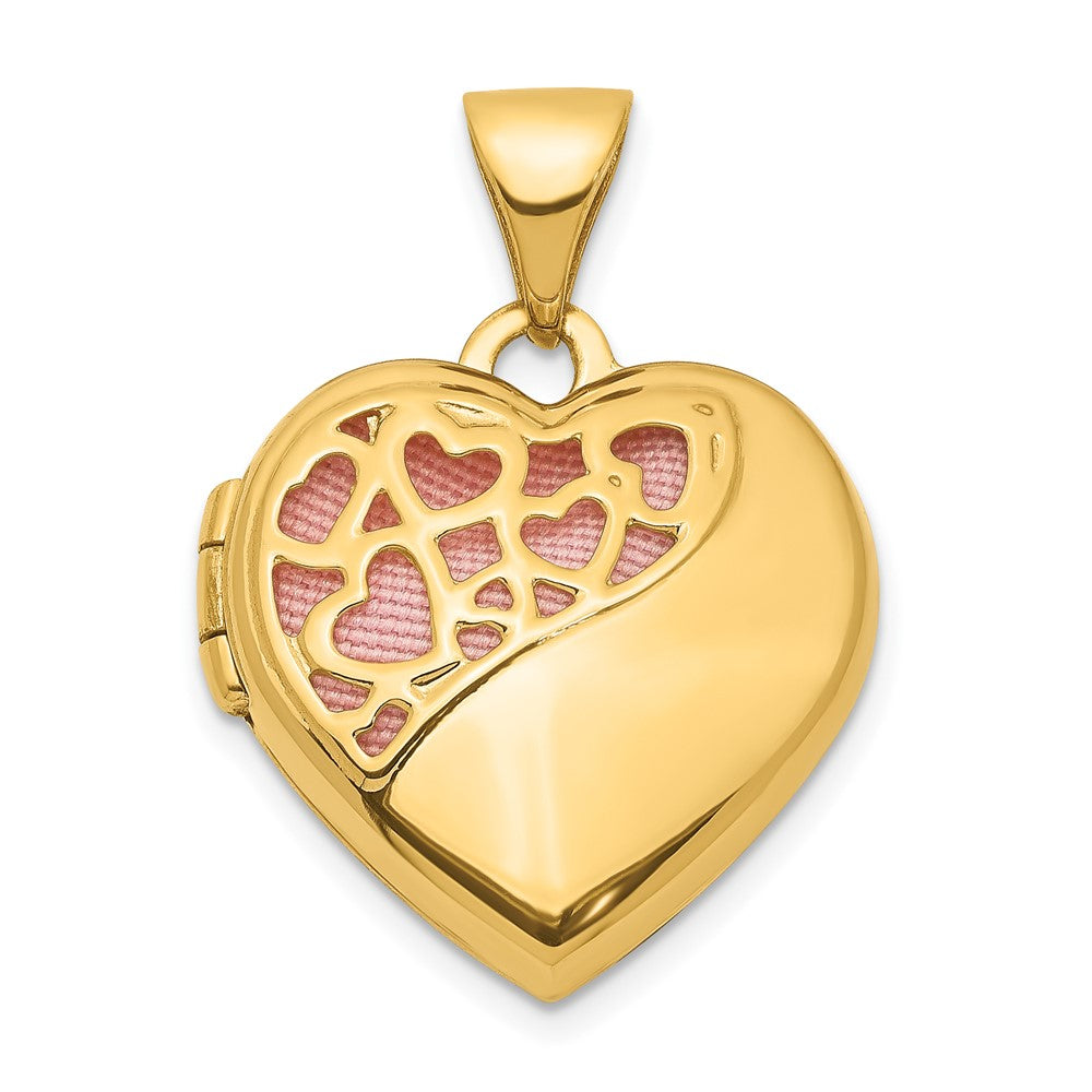 14K Yellow Gold Hearts Cut Out 16mm w/Pink Fabric Heart Locket Pendant